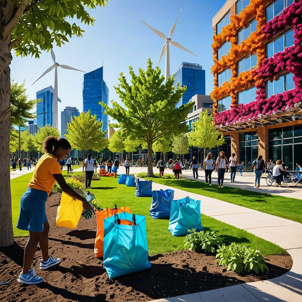 A vibrant scene depicting diverse individuals practicing eco-friendly habits, like recycling, using reusable bags, and planting trees in a sunlit urban park. Include elements like solar panels and wind turbines in the background to symbolize renewable energy. Emphasize a sense of community and positivity among the people. bold colors. super-realistic.