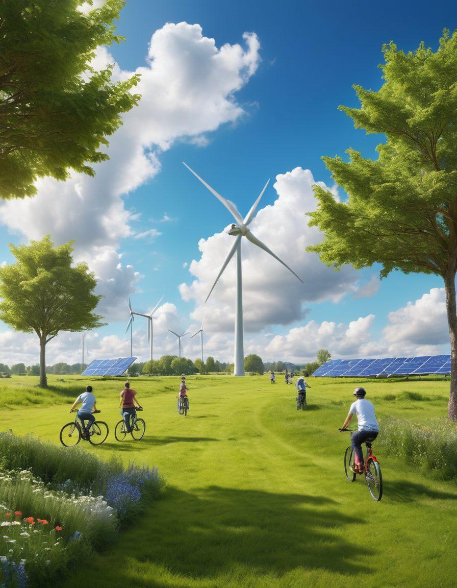 A serene landscape showcasing a vibrant green meadow with a diverse group of people engaging in sustainable practices like planting trees, using compost bins, and riding bicycles. In the background, a wind turbine and solar panels symbolize renewable energy. The sky is bright blue with fluffy clouds, evoking a sense of harmony with nature. This image encapsulates the spirit of an eco-conscious lifestyle, inviting viewers to envision a greener future. super-realistic. vibrant colors. white background.