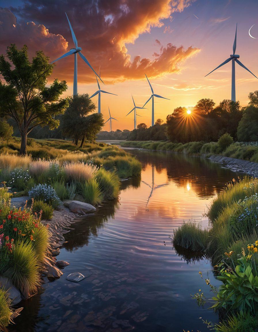 A serene landscape showcasing a harmonious blend of renewable energy sources like wind turbines and solar panels amidst a vibrant, flourishing ecosystem filled with diverse plants and wildlife. In the foreground, a river symbolizes the connection between energy and nature, while the sky above transitions from a sunset to a starry night. This scene embodies the essence of eco-friendly living and biodiversity. super-realistic. vibrant colors. peaceful atmosphere.